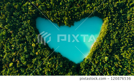 Beautiful heart lake in a green dense forest, bird's eye view. Love for nature, concept. Travel, creative idea. Beautiful heart lake in a green dense forest, bird's eye view. Love for nature, concept. Travel, creative idea. 120876536