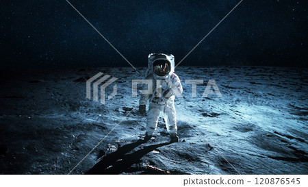 Lonely astronaut walks on the lunar surface. Lunar mission and exploration. Space man on the moon Lonely astronaut walks on the lunar surface. Lunar mission and exploration. Space man on the moon 120876545