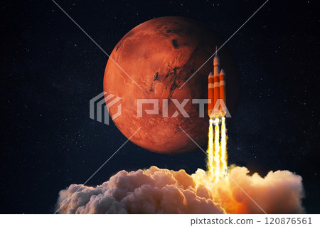 Spacecraft takes off into space. Rocket flies to Mars. Red planet Mars in space. Launch and Start 120876561