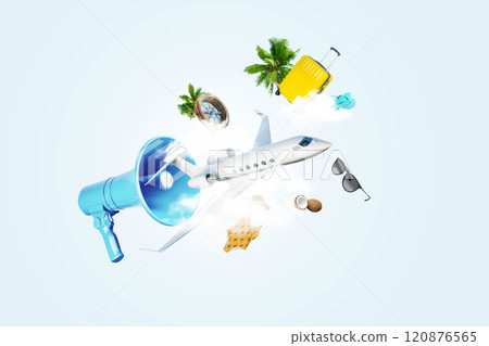 Creative blue loudspeaker with airplane, clouds, compass, luggage, bag, glasses, palm trees and swimsuit. Travel, creative idea. Advertising and attracting attention. Summer time 120876565