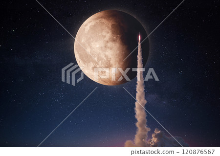 New rocket with smoke and blast successfully takes off into the starry sky with a full moon. Spaceship launch, concept. Space mission to the moon.. Start concept 120876567