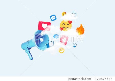 Creative loudspeaker with flying emoticons, likes, messages and reactions. Social media and affiliate marketing, concept. Traffic and sales online, creative idea. 120876572