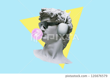 Cool hipster statue bust with fashion sunglasses with headphones listens to music and blows a bubble gum on a blue background with a yellow triangle. Creative idea and modern art. Marketing, concept Cool hipster statue bust with fashion sunglasses with headphones listens to music and blows a bubble gum on a blue background with a yellow triangle. Creative idea and modern art. Marketing, concept 120876579