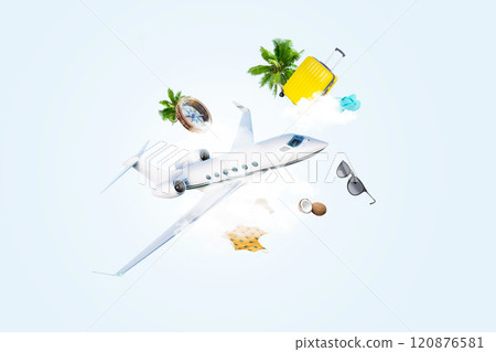 airplane flies in the clouds with luggage bag, compass, glasses, coconut, palm trees, swimsuit and flip-flops on a light background, concept. Travel, creative idea. Main banner for the site airplane flies in the clouds with luggage bag, compass, glasses, coconut, palm trees, swimsuit and flip-flops on a light background, concept. Travel, creative idea. Main banner for the site 120876581