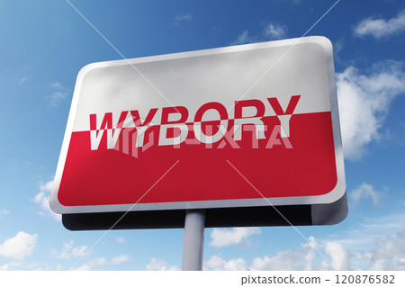 Road sign Elections in Poland with Polish flag on blue sky. Freedom and elections, concept Road sign Elections in Poland with Polish flag on blue sky. Freedom and elections, concept 120876582