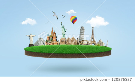 Travel, creative idea. World landmarks on a pedestal green field with grass. Adventure trip, concept 120876587