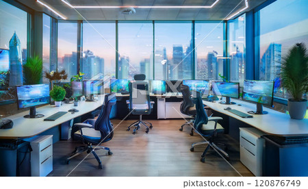 A large office with many computer monitors and chairs 120876749