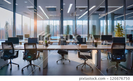A large open office space with many desks and chairs 120876750