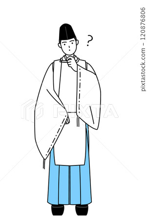 神社的神父穿著烏賊和袈裟，歪著頭表示疑問 120876806