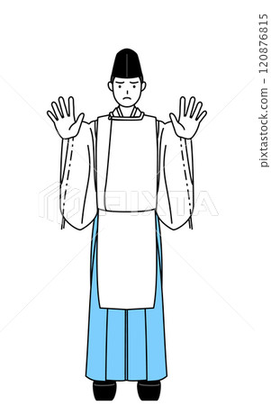 一位神社祭司將手伸到身體前面，身穿烏賊和卡里吉，發出停止的信號 120876815