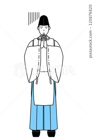 神社的神父穿著烏賊和袈裟，雙手合十在身前道歉。 120876820