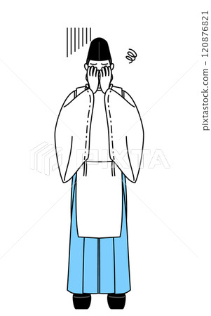 神社的神父穿著烏賊和袈裟,摀著臉,表情鬱悶。 神社的神父穿著烏賊和袈裟,摀著臉,表情鬱悶。 120876821