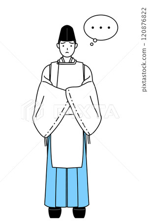 神社的神父身著烏賊和剪衣，雙手抱胸思考。 120876822