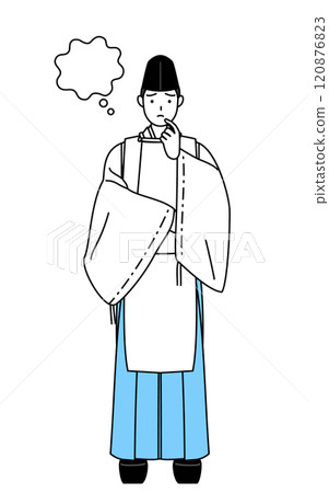 神社的神父穿著烏賊和卡里吉，雙手放在臉上思考 120876823