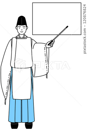 穿著烏賊和卡里吉服裝的神社祭司用指點桿指著白板 120876824