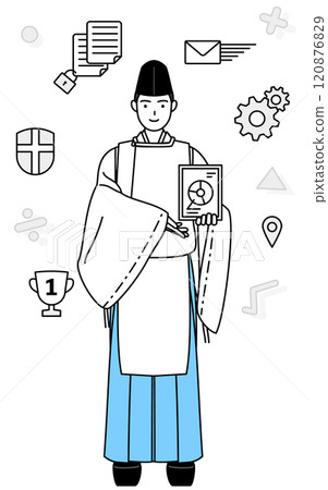 DX 的形象，神社祭司使用數位技術來改善業務運營，身穿 eboshi 和 karigi 120876829