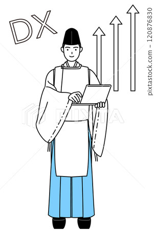Image of DX: A Shinto priest who has succeeded in improving his business operations, wearing a black hat and kariginu (traditional Japanese hunting costume) Image of DX: A Shinto priest who has succeeded in improving his business operations, wearing a black hat and kariginu (traditional Japanese hunting costume) 120876830