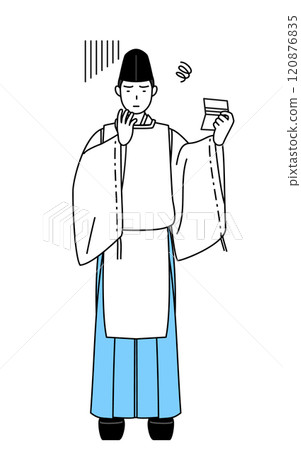 一位神社的僧侶穿著烏賊和剪衣，看著自己的銀行存摺後顯得很沮喪。 120876835