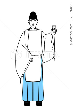 穿著 eboshi 和 karigi 的神社牧師在工作時戴著智慧型手機 120876838