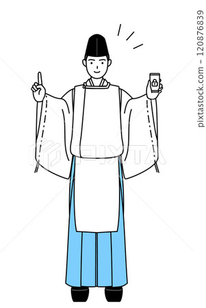 身著烏毛和卡利吉，對智慧型手機採取安全措施的神社僧人 120876839