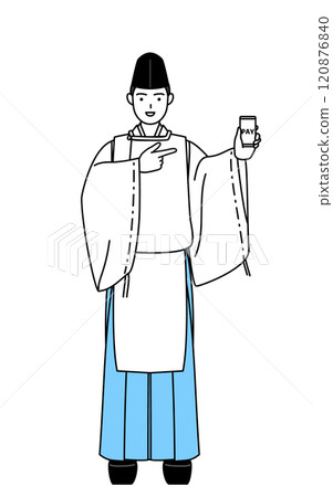 A Shinto priest in black hat and kariginu (traditional Japanese hunting costume) recommends cashless online payments via smartphone 120876840