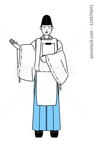 神社的祭司手持寫字板，雙手張開，身穿烏紙和袈裟。 120876841