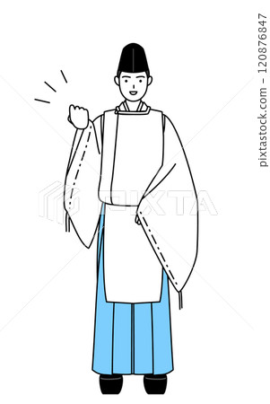 A Shinto priest in black hat and kariginu (traditional Japanese hunting costume) pumping his fist in the air A Shinto priest in black hat and kariginu (traditional Japanese hunting costume) pumping his fist in the air 120876847