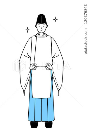 神社的祭司雙手叉腰,身著烏幹和袈裟 神社的祭司雙手叉腰,身著烏幹和袈裟 120876848