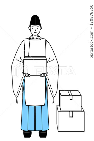 神社的祭司身穿烏賊和鎧甲，提著紙箱。 120876850