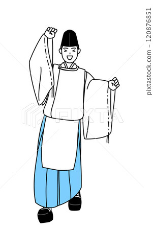 神社的神父穿著烏賊和袈裟，輕快地跳躍著。 120876851