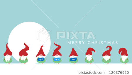 Festive Christmas banner with big snowball and set Scandinavian nordic gnome, cute Christmas Santa Gnomes, Ho Ho Ho Elf. Blue background with copy space. Vector card Xmas elements design Festive Christmas banner with big snowball and set Scandinavian nordic gnome, cute Christmas Santa Gnomes, Ho Ho Ho Elf. Blue background with copy space. Vector card Xmas elements design 120876920