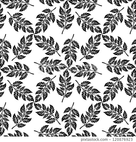 Black leafy branches seamless pattern on a crisp white background, Black leafy branches seamless pattern on a crisp white background, 120876923