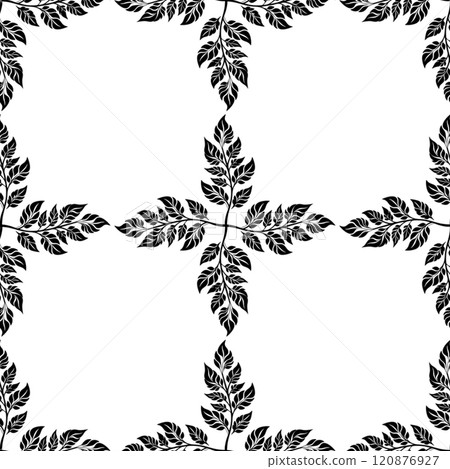 Black leafy branches seamless pattern on a crisp white background, 120876927