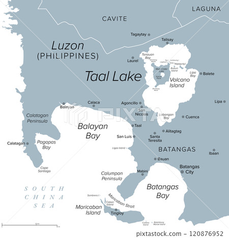 Taal Volcano filled by Taal Lake on the island of Luzon in the Philippines, political map. Large caldera of an active Volcano filled with freshwater, located in the Batangas province, south of Manila. 120876952