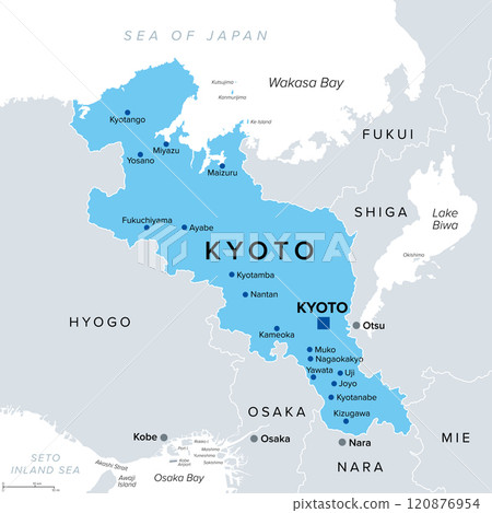 Kyoto Prefecture of Japan with capital of the same name, political map. 120876954