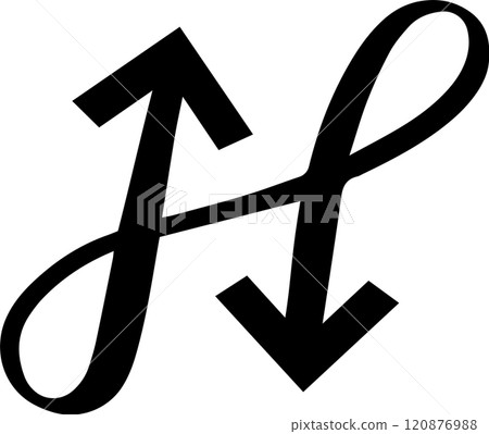 Two thick, hand drawn arrows, one pointing upwards and the other downwards, intertwine gracefully, creating an interesting visual resembling the letter h against a clean white backdrop Two thick, hand drawn arrows, one pointing upwards and the other downwards, intertwine gracefully, creating an interesting visual resembling the letter h against a clean white backdrop 120876988