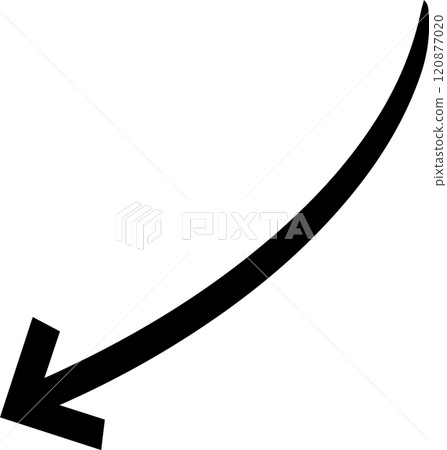 Simple, black, hand drawn arrow curving down and to the left, isolated on a white background, providing clear direction and visual guidance Simple, black, hand drawn arrow curving down and to the left, isolated on a white background, providing clear direction and visual guidance 120877020