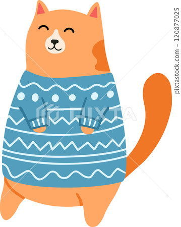 Cheerful orange cat stands while wearing a cozy blue sweater with white patterns, its contented smile adding to the charming winter scene 120877025