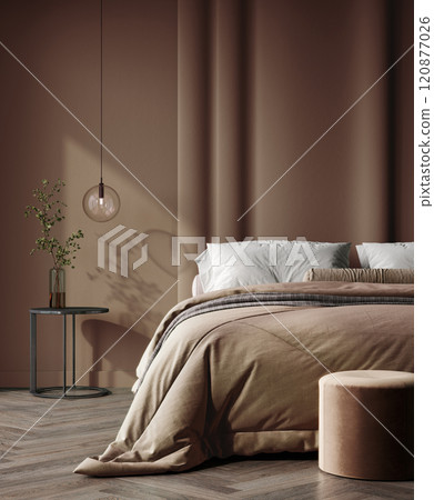 Bedroom in pastel tone Mocha Mousse color trend 2025 year panton furniture and background. Modern luxury room interior home design. 3d render 120877026