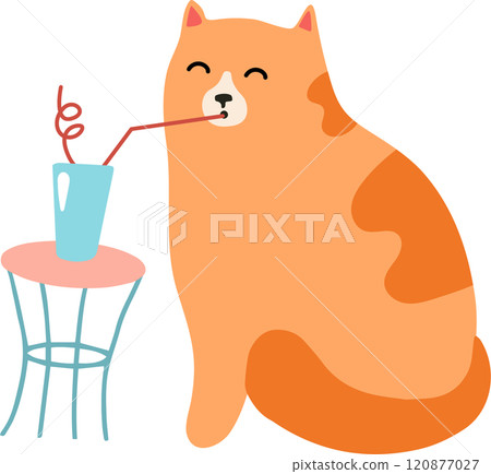Cartoon illustration of a cute orange cat enjoying a refreshing drink through a red straw, sitting next to a small table with a glass on it, conveying a sense of relaxation and amusement 120877027