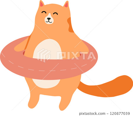 Cartoon ginger cat wearing inflatable ring, preparing for swimming, isolated on white background, vector illustration for children book, greeting card, sticker, poster 120877039