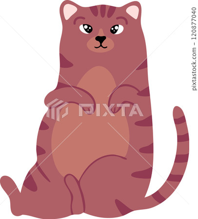 Cartoon illustration featuring a cute, chubby cat sitting comfortably with paws raised, proudly displaying its round belly against a clean white background Cartoon illustration featuring a cute, chubby cat sitting comfortably with paws raised, proudly displaying its round belly against a clean white background 120877040