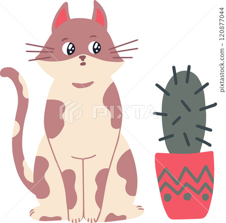 Adorable spotted cat sitting playfully next to a small cactus in a beautifully decorated pot, featuring a simple flat vector illustration against a crisp white background 120877044