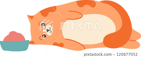 Cartoon illustration of a cute, fat, ginger cat lying on its side next to a bowl of pink food, looking at the viewer with a contented expression 120877052