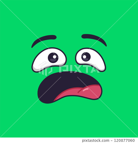 Cartoon face expressing fear and surprise with wide open eyes and mouth, and tongue sticking out, conveying a strong emotion against a vibrant green backdrop 120877060