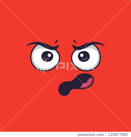 Cartoon angry face displaying negative emotions with furrowed eyebrows, wide open eyes, and a partially open mouth revealing a tongue against a vibrant red background 120877063
