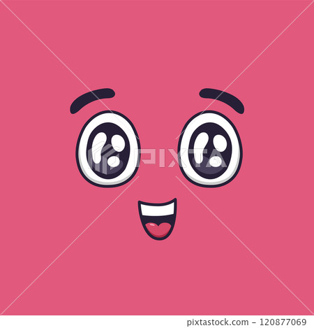 Cartoon face expressing surprise and happiness with wide open eyes, raised eyebrows, and a cheerful smile against a vibrant pink background, radiating joy and wonder Cartoon face expressing surprise and happiness with wide open eyes, raised eyebrows, and a cheerful smile against a vibrant pink background, radiating joy and wonder 120877069