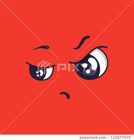 Suspicious cartoon face expressing distrust, skepticism, and doubt with squinted eyes and a furrowed brow on a vibrant red background, conveying a sense of unease and questioning 120877070
