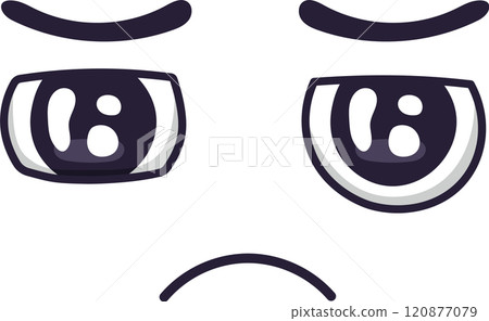 Simple, expressive cartoon face with raised eyebrows, downturned mouth, and wide eyes conveying sadness, disappointment, or frustration, suitable for various design projects 120877079