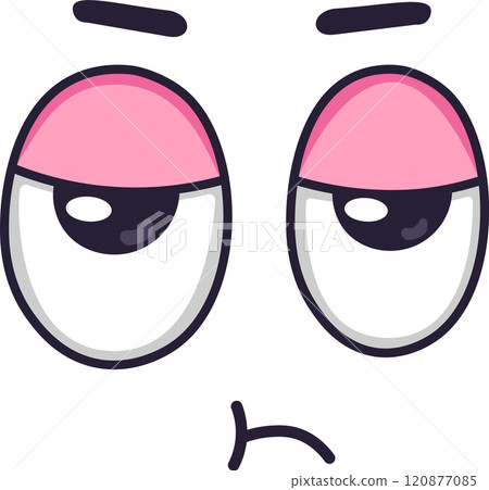 Vector illustration of a cartoon face expressing exhaustion, boredom, or tiredness with droopy pink eyelids, downturned pupils, and a frowning mouth, isolated on white background Vector illustration of a cartoon face expressing exhaustion, boredom, or tiredness with droopy pink eyelids, downturned pupils, and a frowning mouth, isolated on white background 120877085